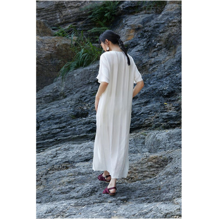 PaleBlueDot Blue Dot Original Designer White Striped Hollow Oblique Front Improved Cheongsam Dress image 4