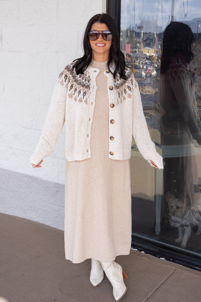 Women's Ivory button front sweater cardigan with print around the shoulders by Blu Pepper showing full front view
