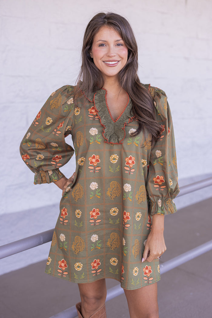 Women's olive dress with floral border print in orange and peach by Entro