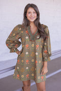 Women's olive dress with floral border print in orange and peach by Entro