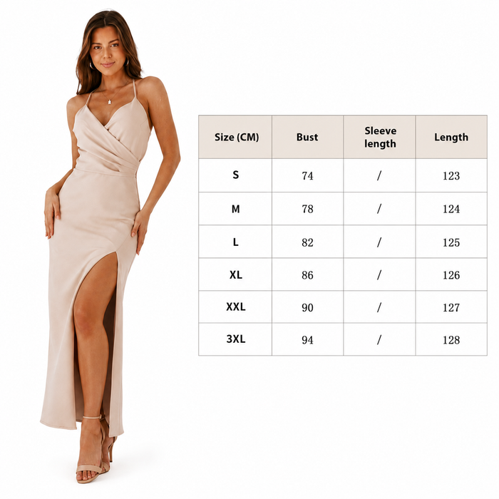 Light khaki sleeveless dress with open back, V-neckline, high waist detail and side slit for clean feminine occasion outfits.