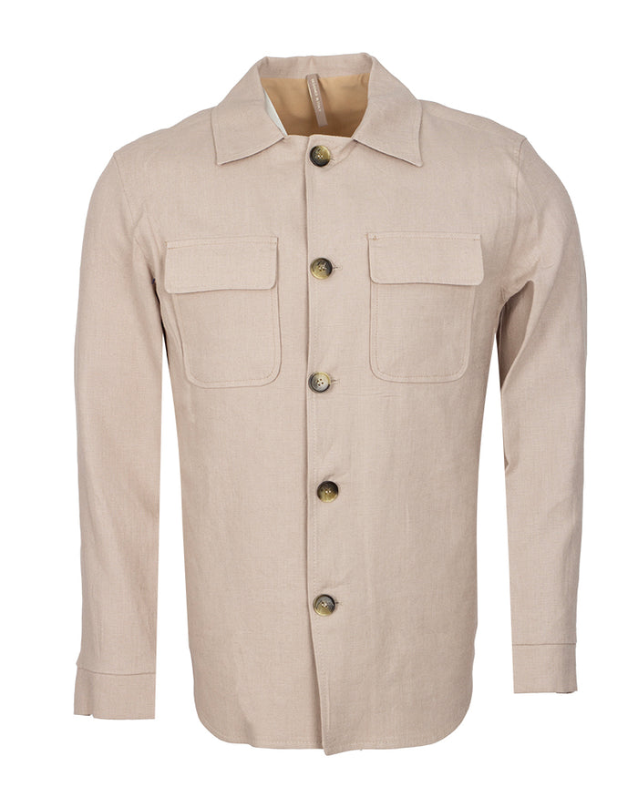 Beige Linen Utility Overshirt-Makrom