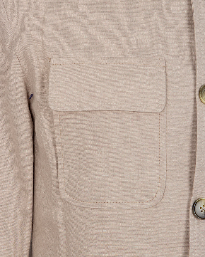 Beige Linen Utility Overshirt-Makrom