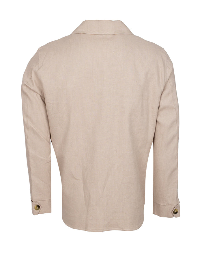 Beige Linen Utility Overshirt-Makrom