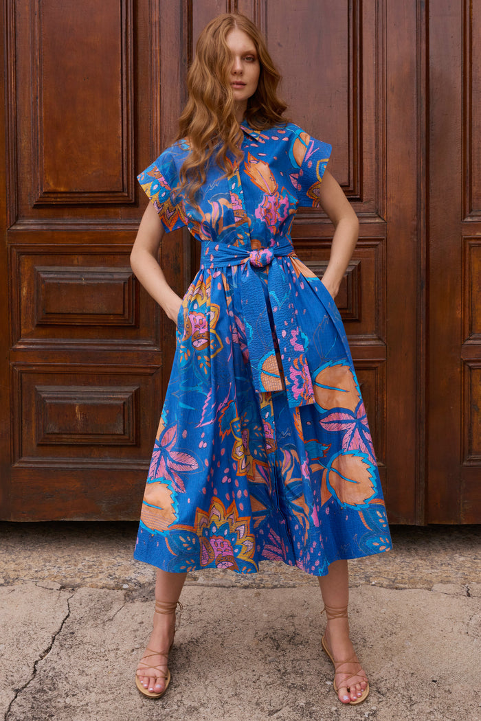 Belted Shirt Dress- Antico Blue
