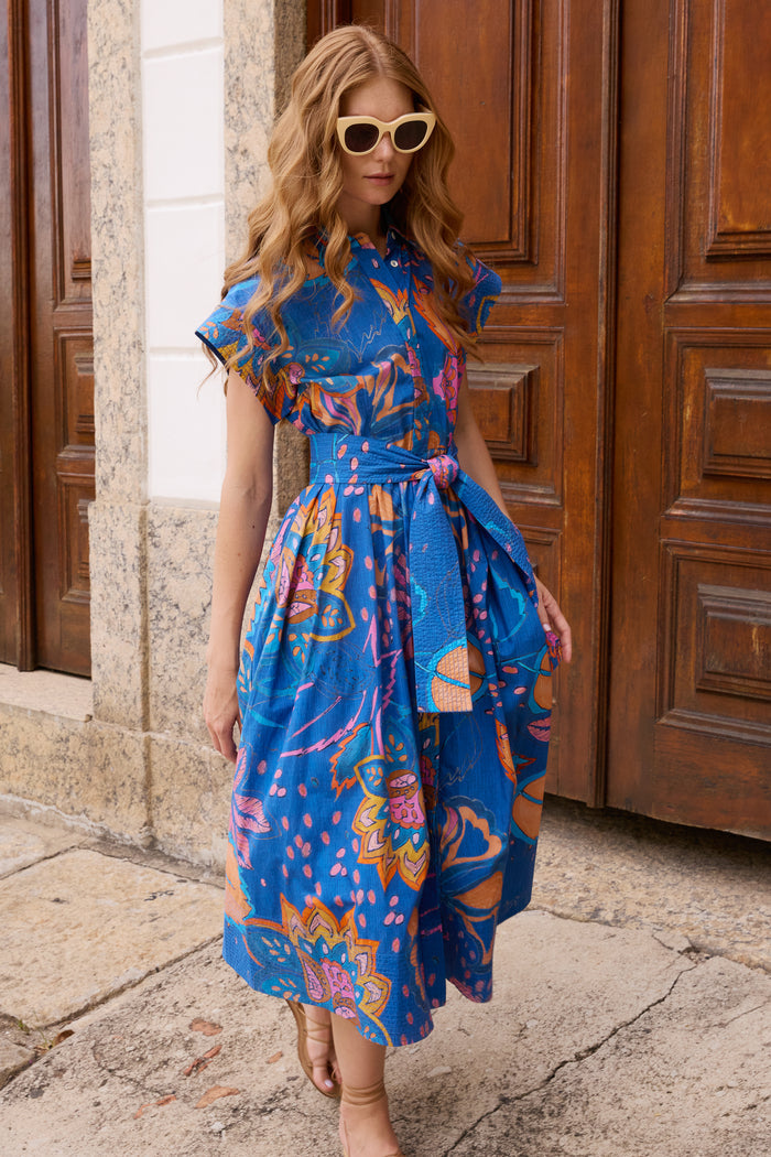 Belted Shirt Dress- Antico Blue