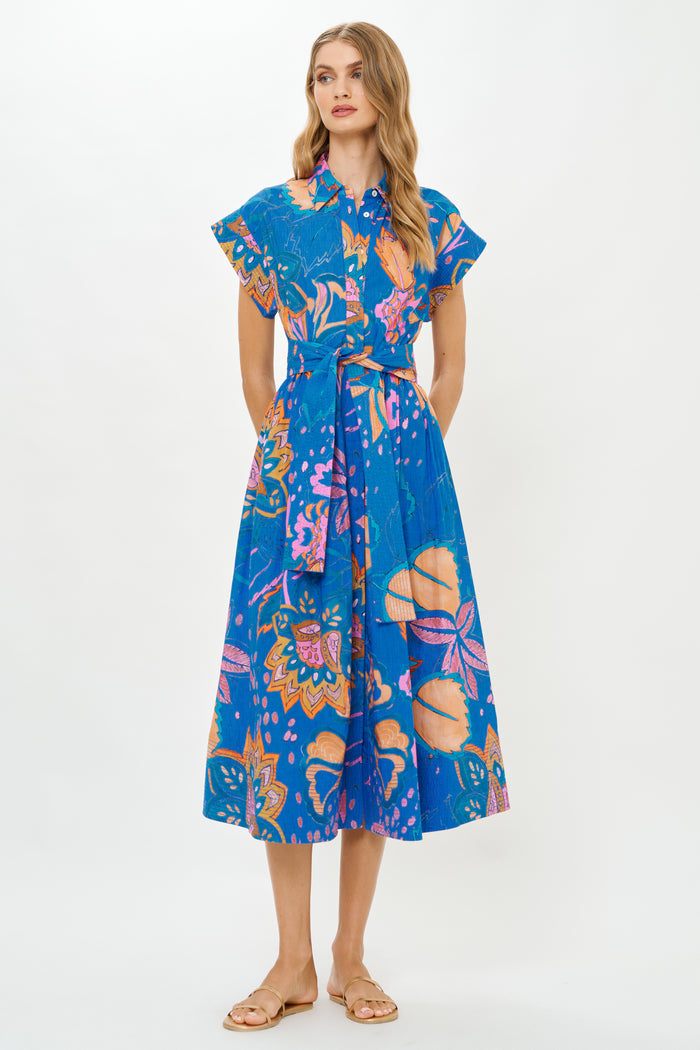 Belted Shirt Dress- Antico Blue
