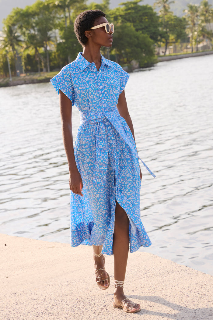 Belted Shirt Dress- Ditsy Blue