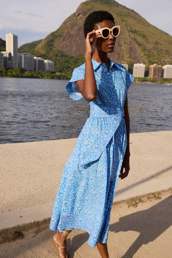 Belted Shirt Dress- Ditsy Blue