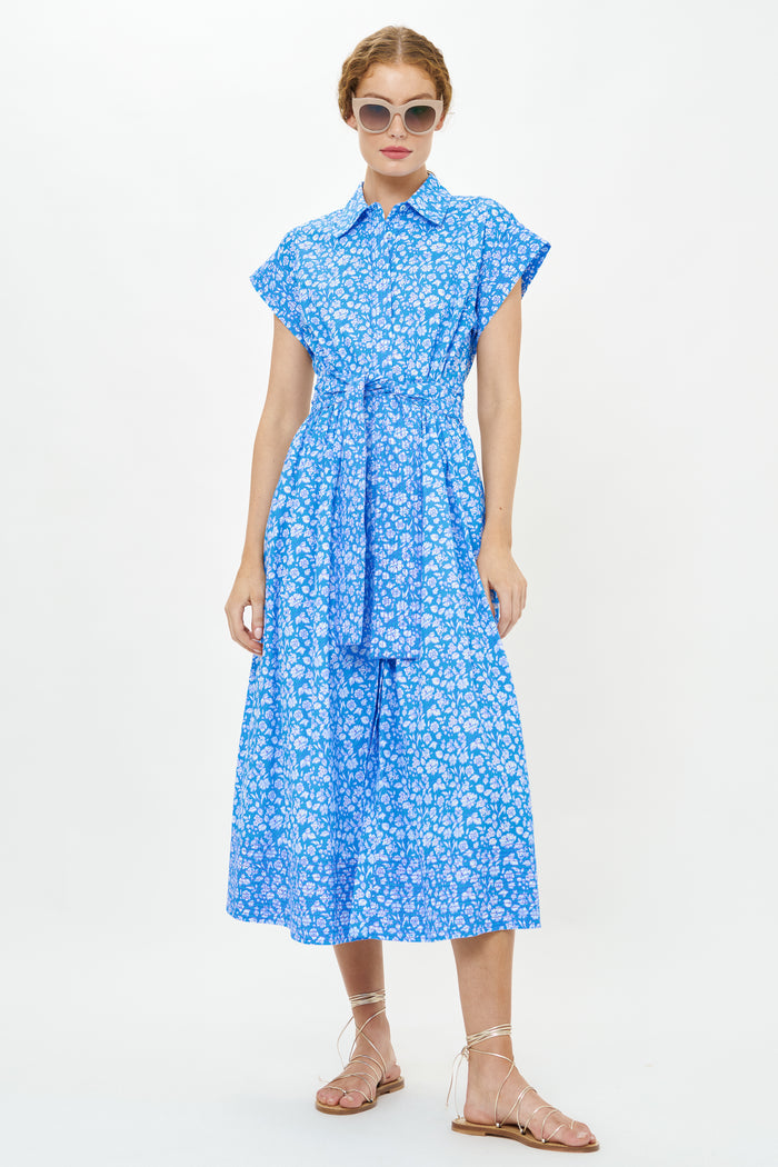 Belted Shirt Dress- Ditsy Blue