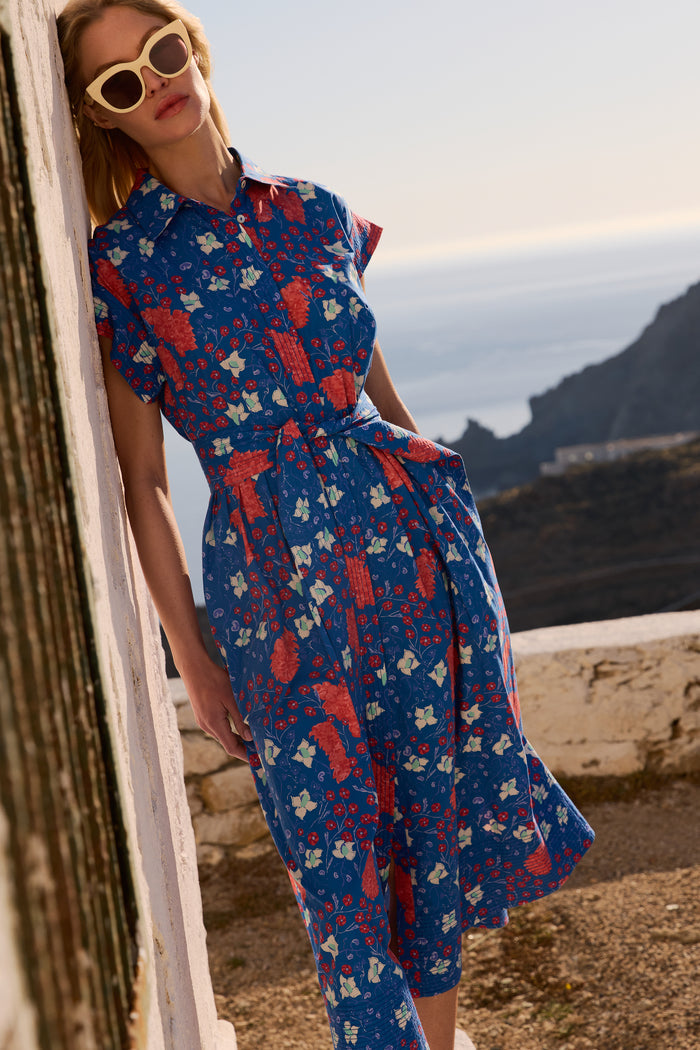 Belted Shirt Dress- Fleur Blue