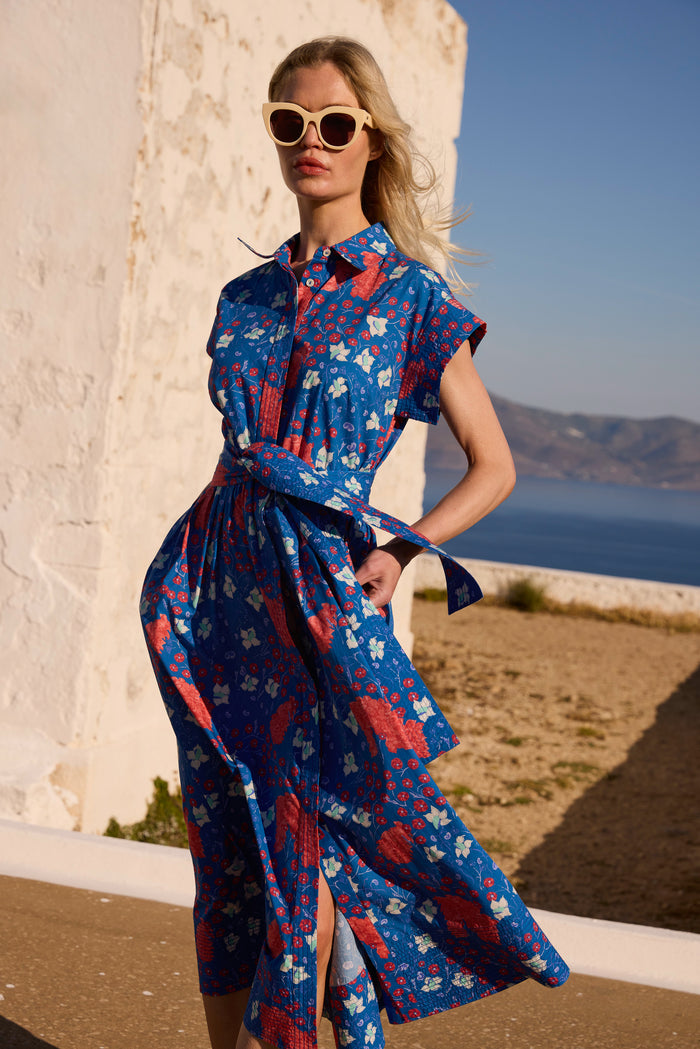 Belted Shirt Dress- Fleur Blue