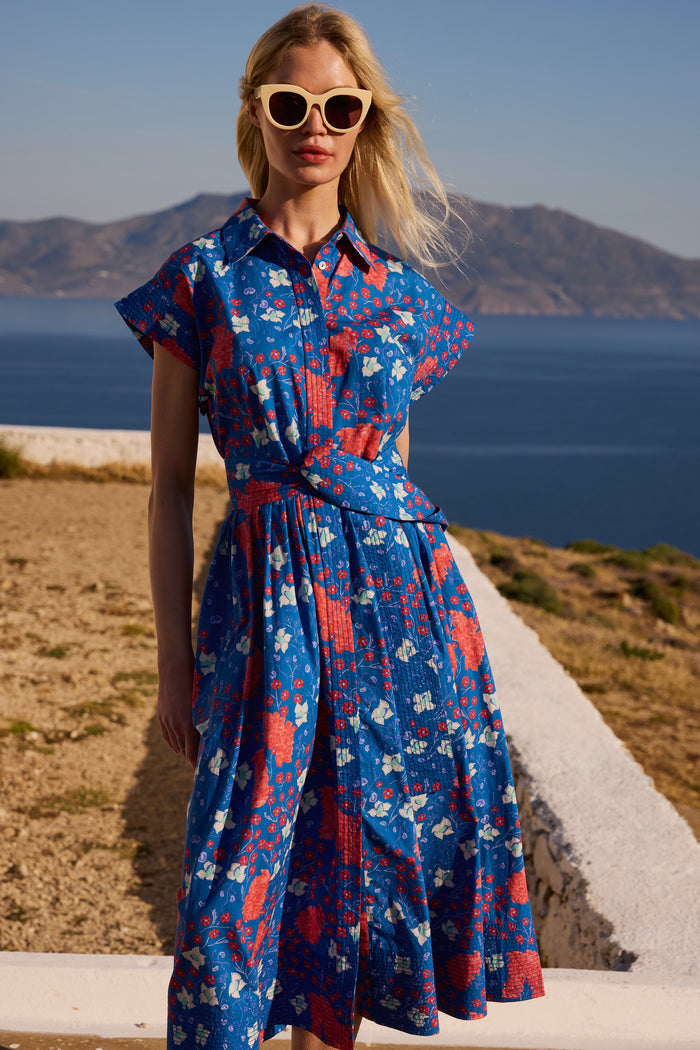 Belted Shirt Dress- Fleur Blue