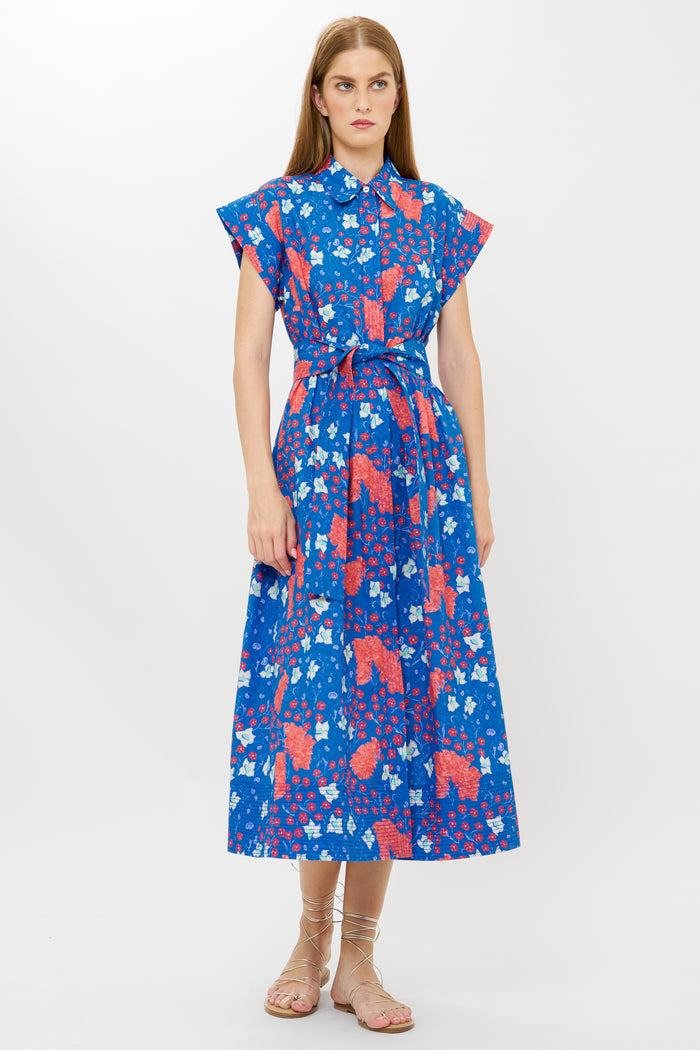 Belted Shirt Dress- Fleur Blue