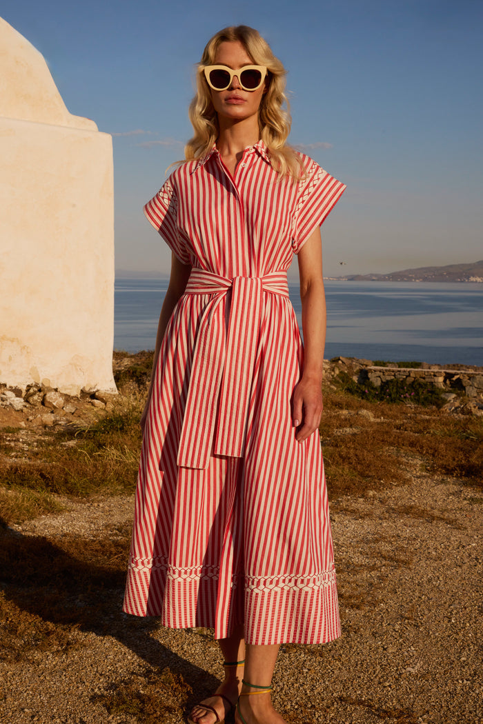 Belted Shirt Dress- Sconset Red