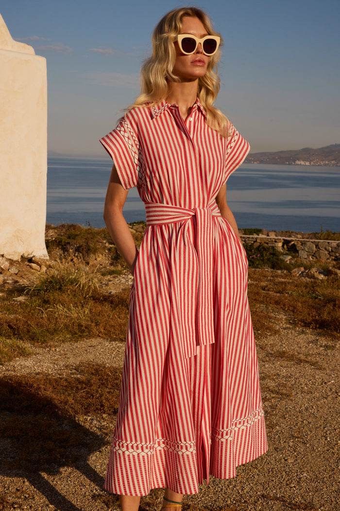 Belted Shirt Dress- Sconset Red
