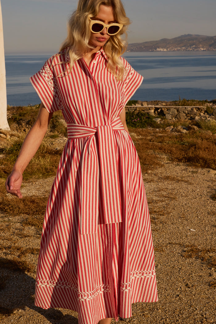 Belted Shirt Dress- Sconset Red