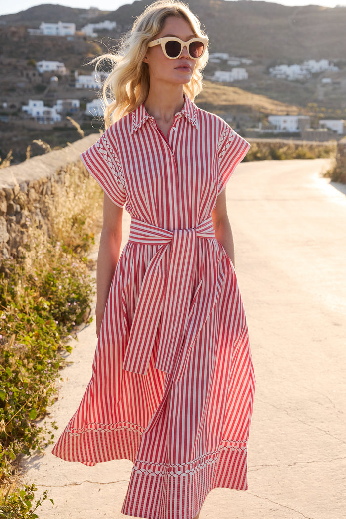 Belted Shirt Dress- Sconset Red