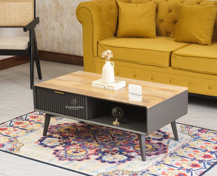 Bengaluru Solid Wood Coffee Table One Drawer - Coffee Table - Furniselan - Slate-Grey