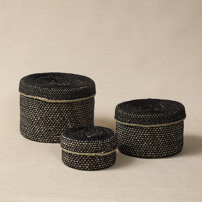 Black and Natural Round Lidded Storage Basket