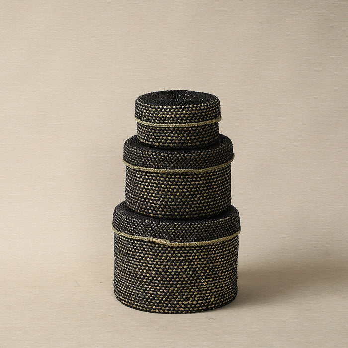 Black and Natural Round Lidded Storage Basket