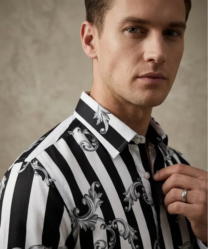 Black Baroque Stripe Paisley Print Men`s Shirt