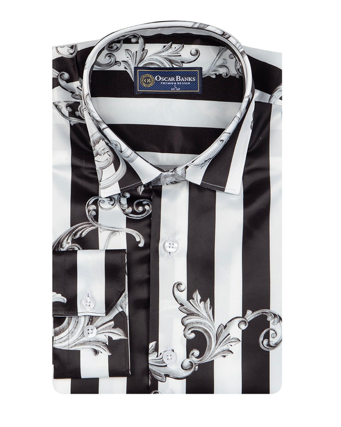 Black Baroque Stripe Paisley Print Men`s Shirt-Makrom