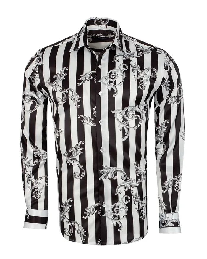 Black Baroque Stripe Paisley Print Men`s Shirt-Makrom