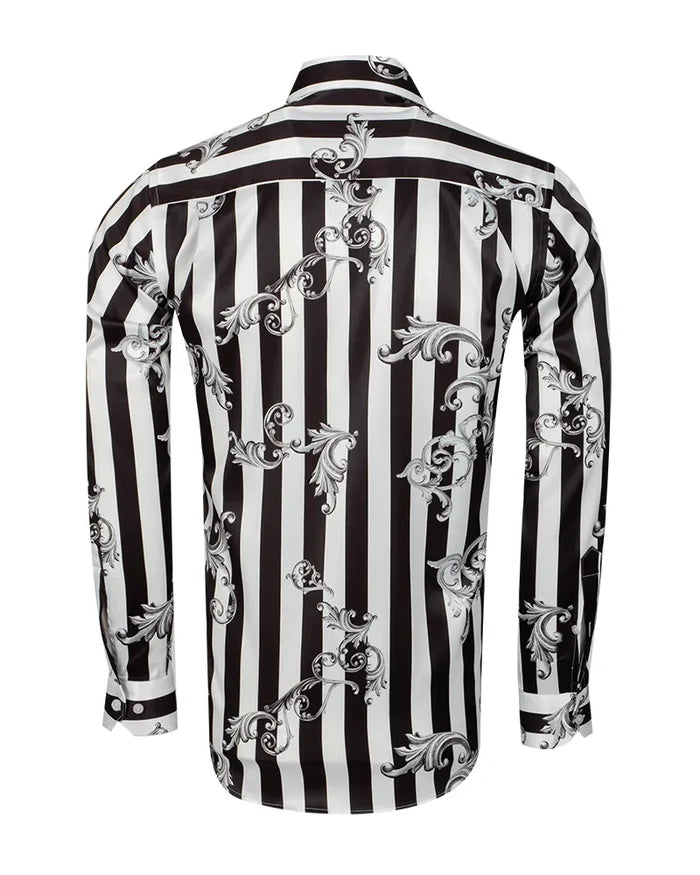 Black Baroque Stripe Paisley Print Men`s Shirt-Makrom