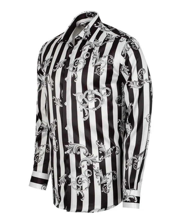 Black Baroque Stripe Paisley Print Men`s Shirt-Makrom