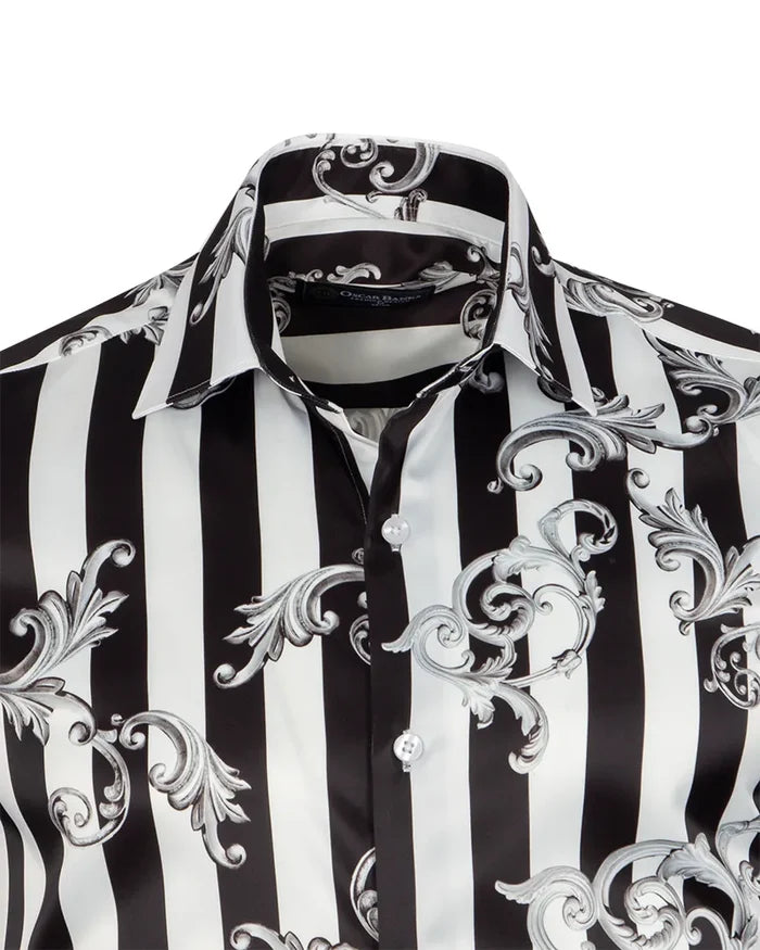 Black Baroque Stripe Paisley Print Men`s Shirt-Makrom