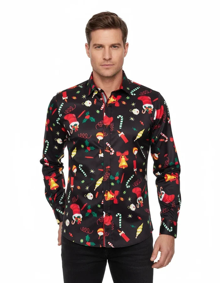 Black Festive Christmas Print Shirt-Makrom