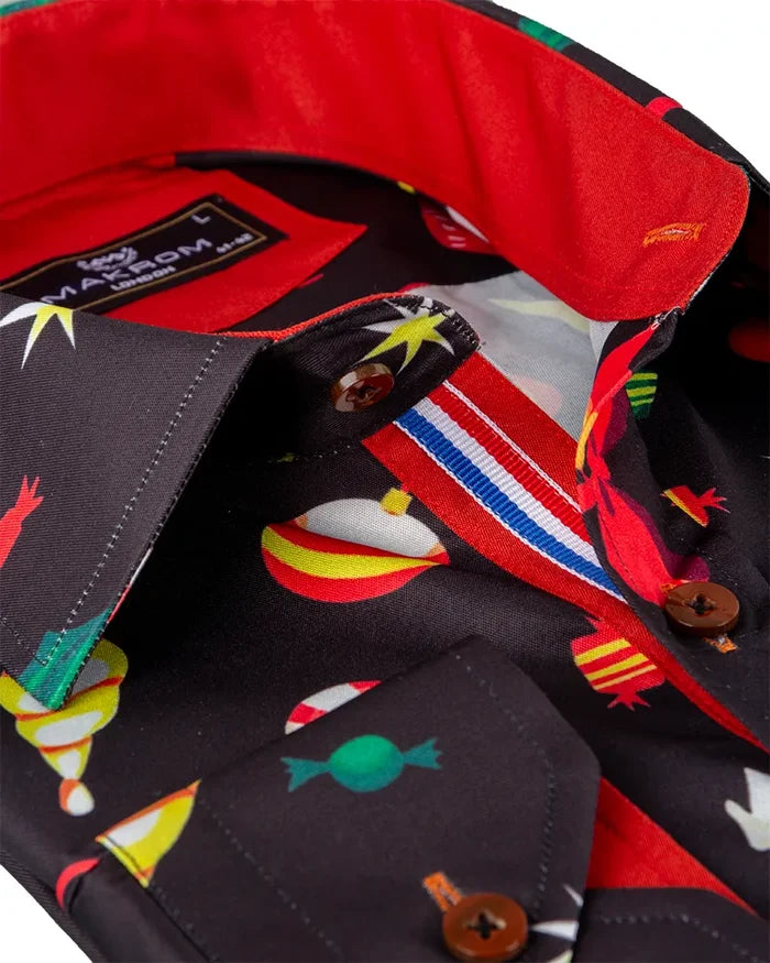 Black Festive Christmas Print Shirt-Makrom