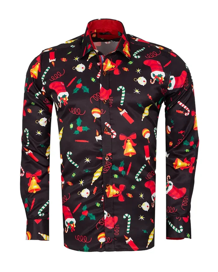 Black Festive Christmas Print Shirt-Makrom