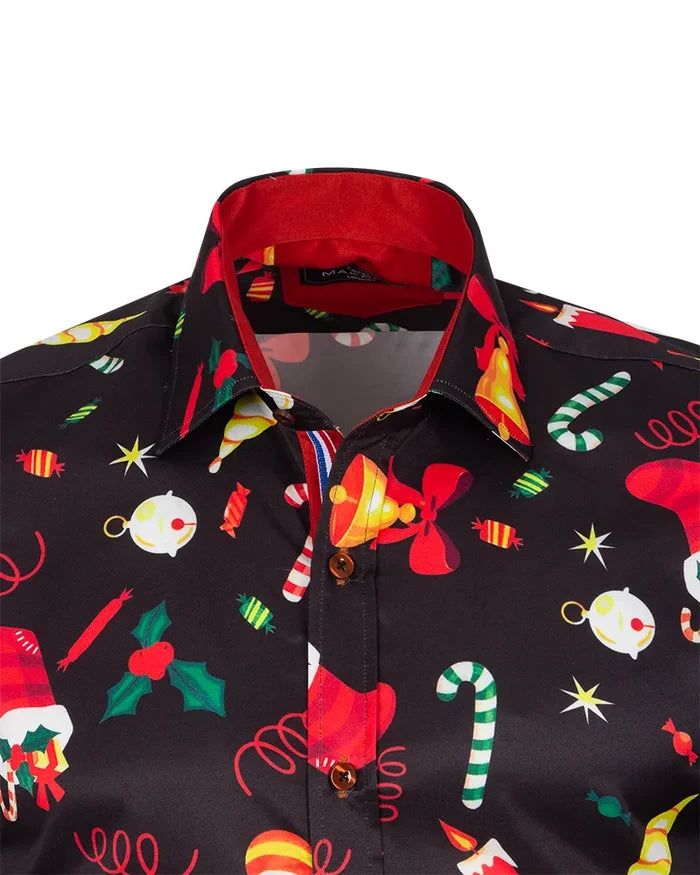 Black Festive Christmas Print Shirt-Makrom