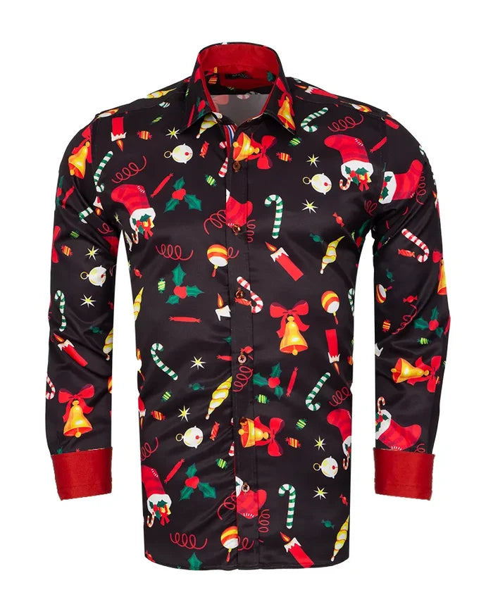 Black Festive Christmas Print Shirt-Makrom