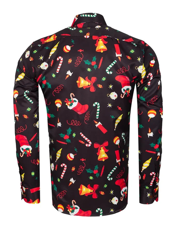 Black Festive Christmas Print Shirt-Makrom