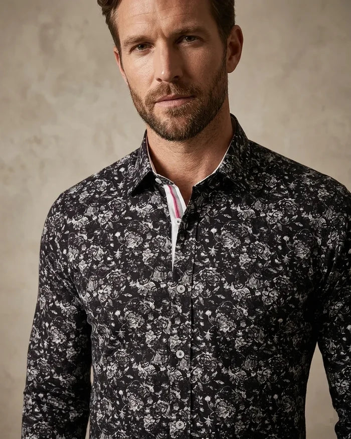 Black Floral Print Shirt with Matching Handkerchief