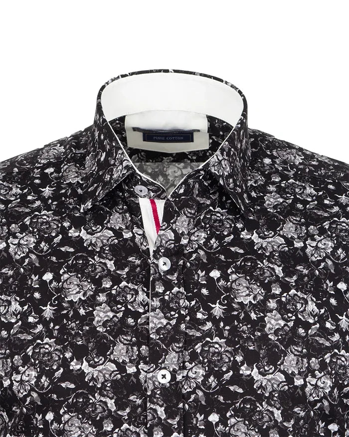 Black Floral Print Shirt with Matching Handkerchief