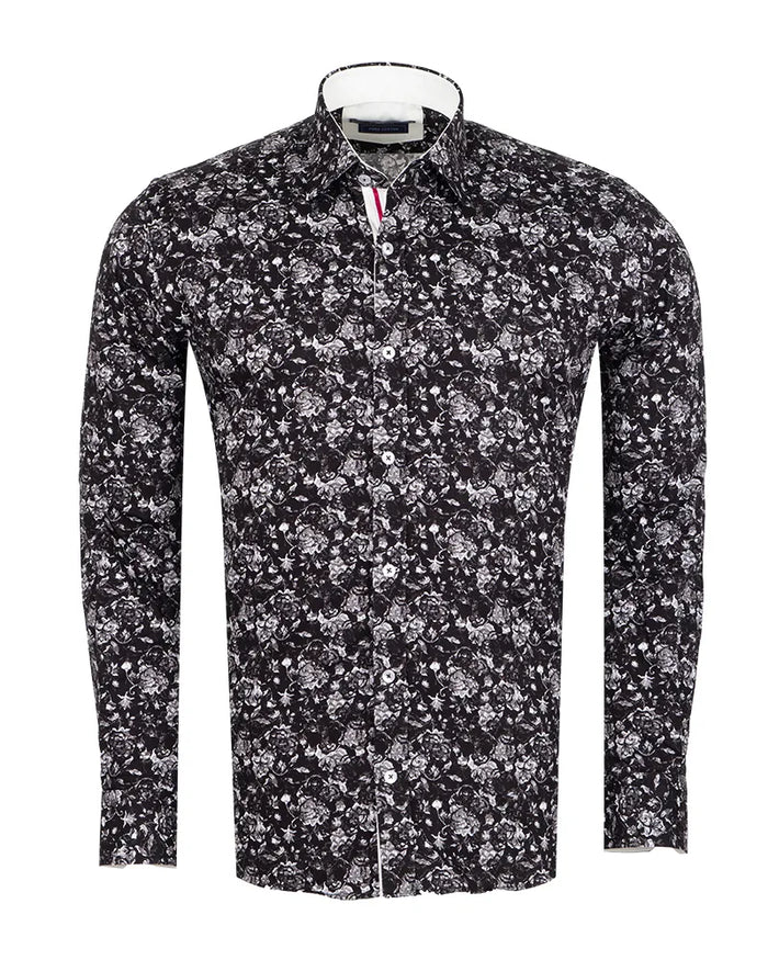 Black Floral Print Shirt with Matching Handkerchief