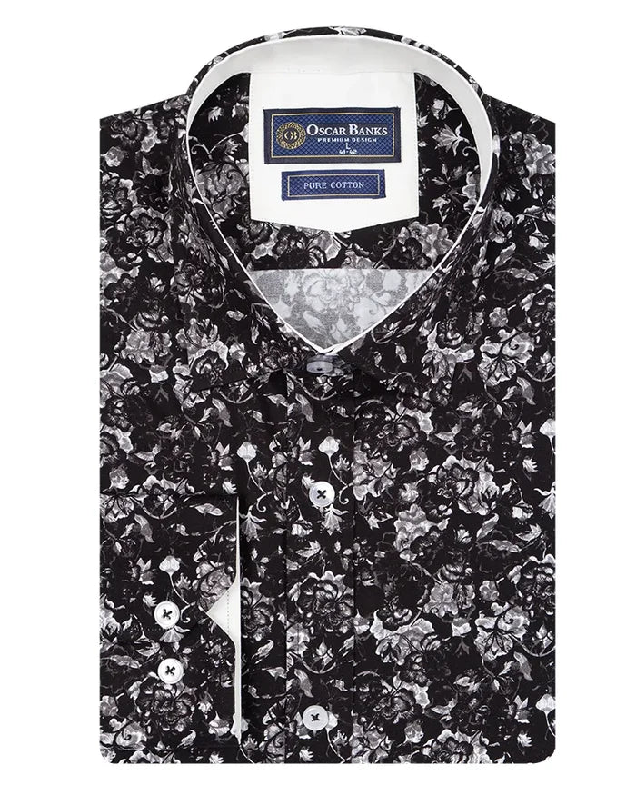 Black Floral Print Shirt with Matching Handkerchief
