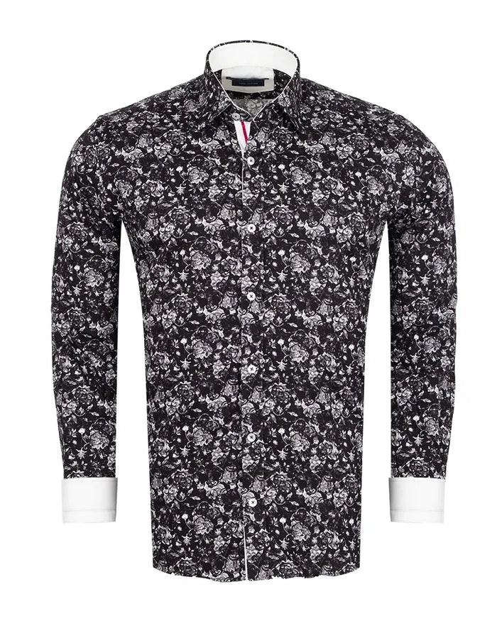 Black Floral Print Shirt with Matching Handkerchief