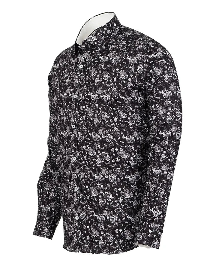 Black Floral Print Shirt with Matching Handkerchief