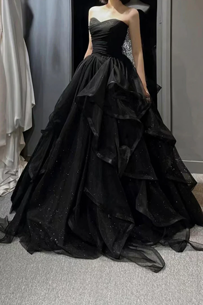 Black Prom Dress 2023 Straps Tulle with Cascading Ruffles