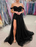 Black Prom Dress 2024 Off the Shoulder Sequin with Slit