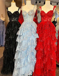 Black Prom Dress 2024 Straps Sweetheart Tiered Sequined