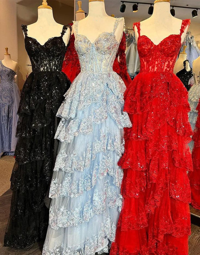 Black Prom Dress 2024 Straps Sweetheart Tiered Sequined