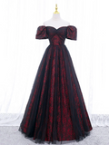 Black Red Jacquard Prom Dress 2025 Corset with Short Sleeves