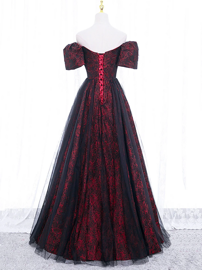 Black Red Jacquard Prom Dress 2025 Corset with Short Sleeves