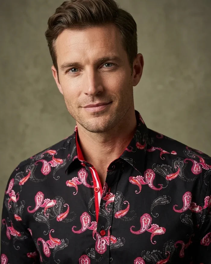 Black & Red Paisley Print Shirt with Matching Handkerchief
